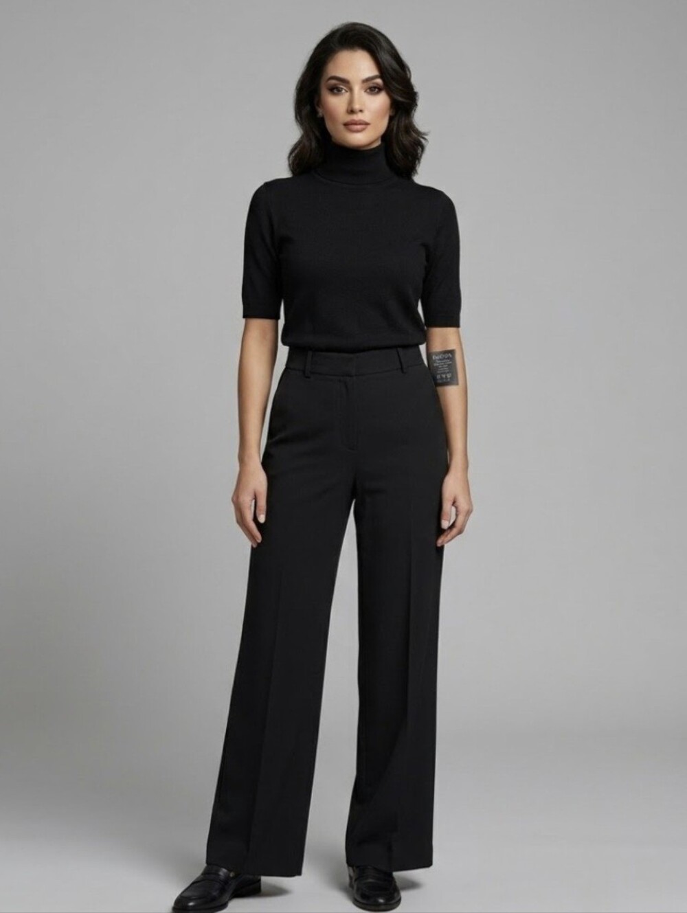 100% Wool Alpha Studio Black Short-Sleeve Turtleneck Shirt